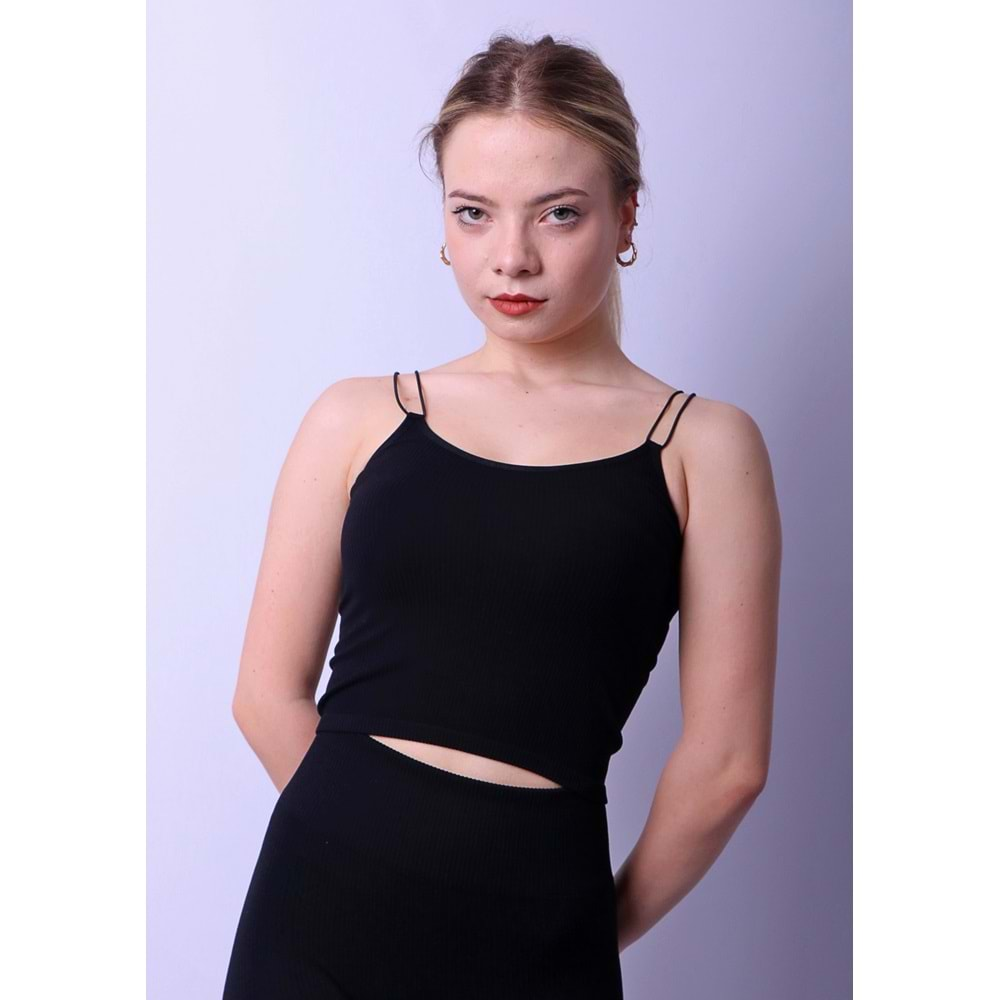 Kadın Lastikli Crop Top - Siyah - M