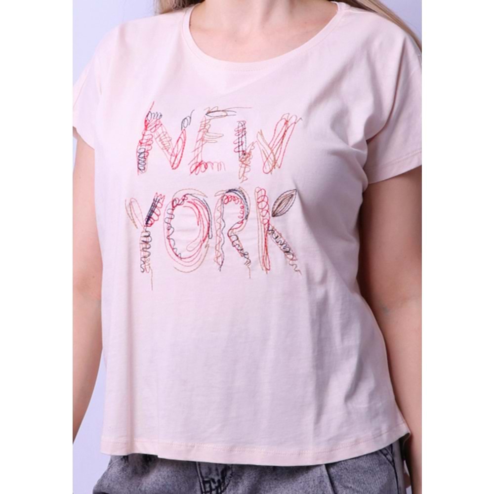 Kadın Tshirt Newyork Nakışlı - Taş Rengi - L