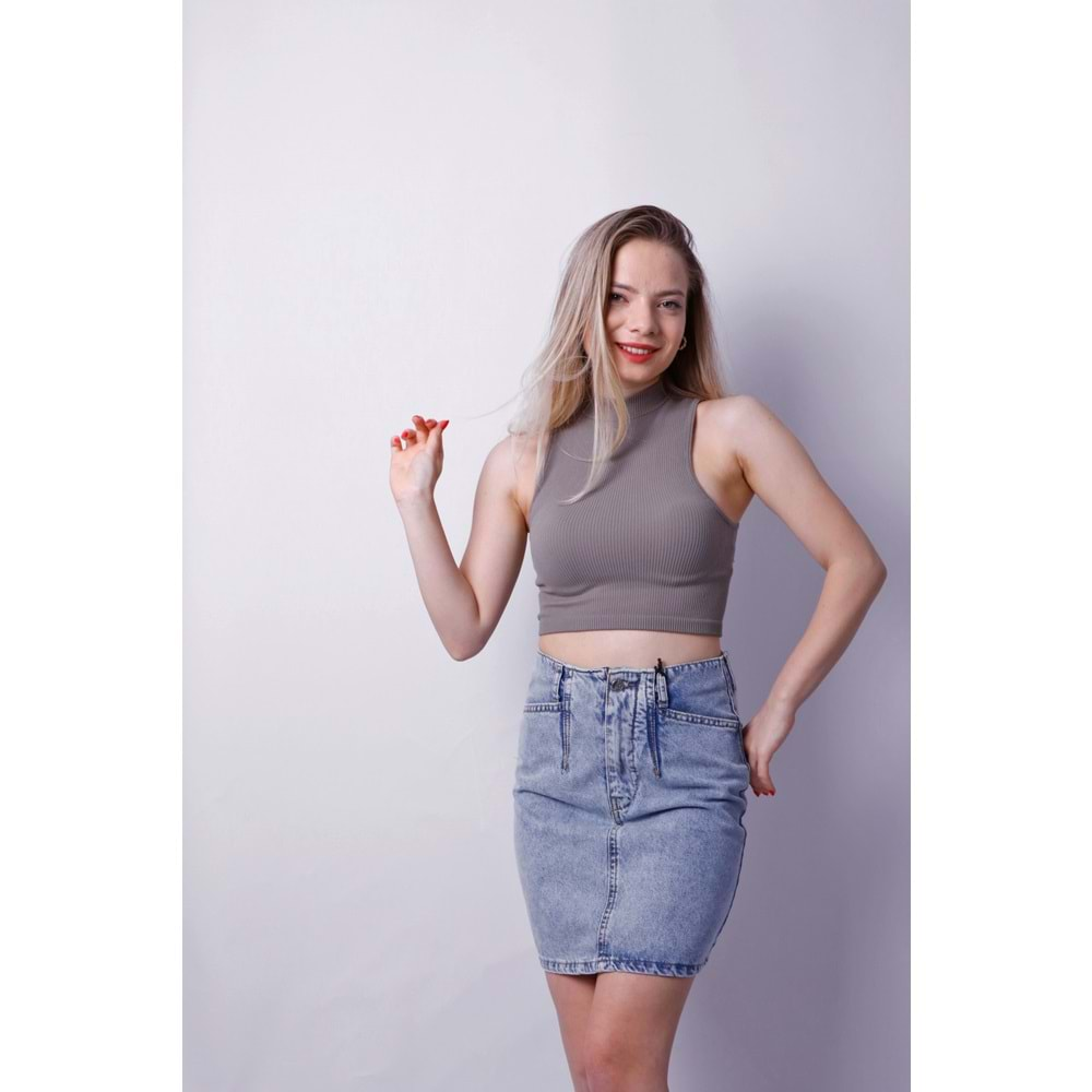 Kadın Balıkçı Yaka Kolsuz Crop Top - Haki - M/L