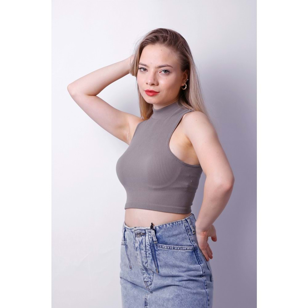 Kadın Balıkçı Yaka Kolsuz Crop Top - Haki - M/L