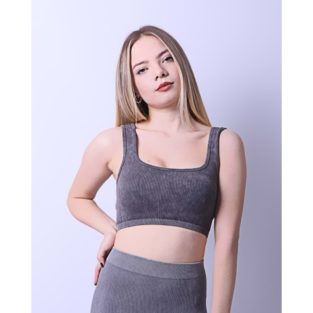 Kadın Taş Yıkama Crop Top - Gri - M/L