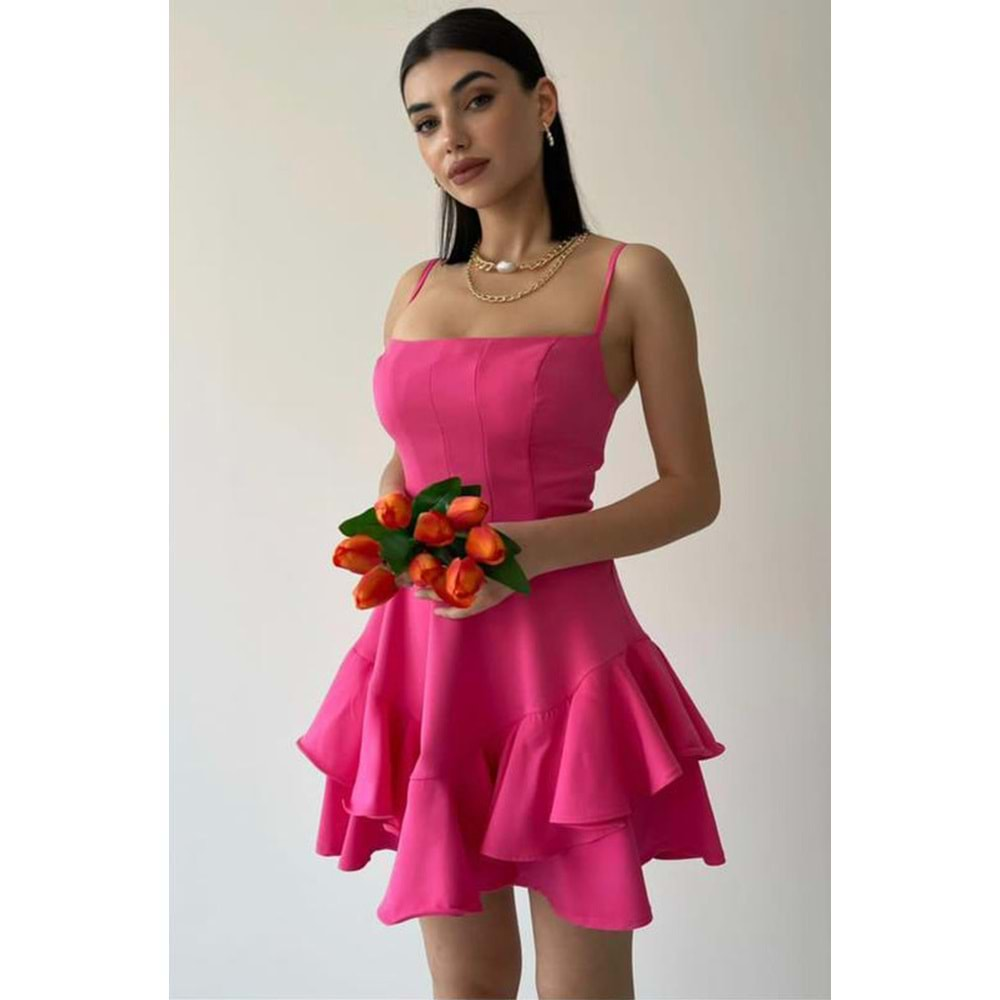 Kadın Prenses Model Volanlı Askılı Mini Elbise - K.Pembe - M