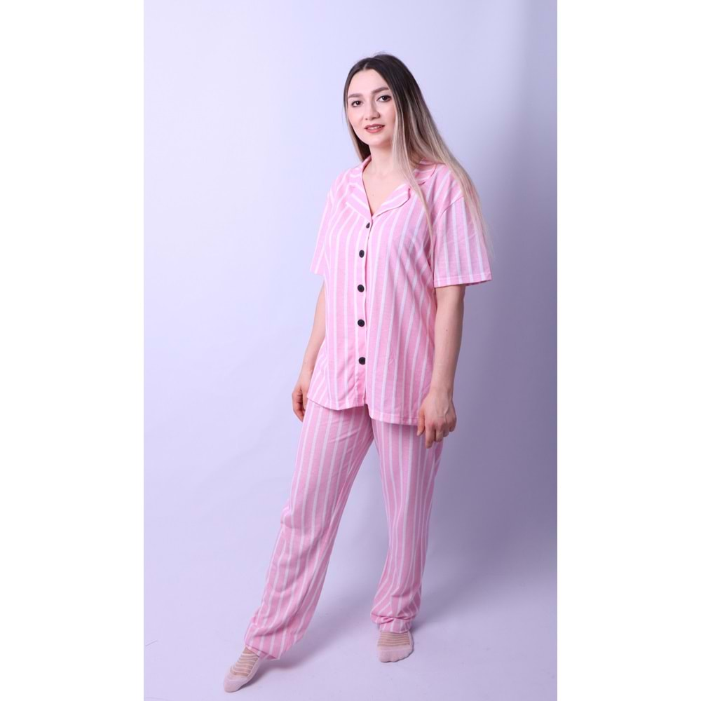 Kadın Pembe Çizgili Pijama Takımı - Pembe - S