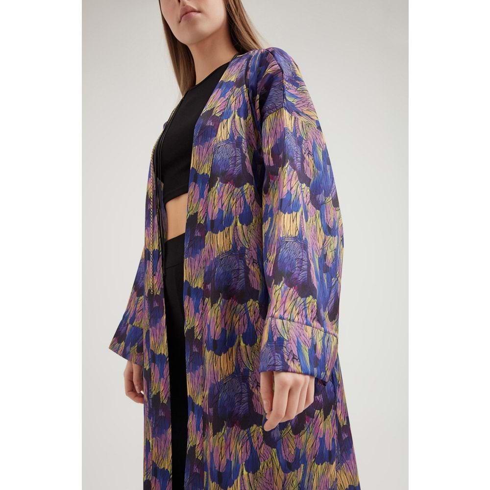 Kadın Desenli Viscon Kimono - Mor - STD