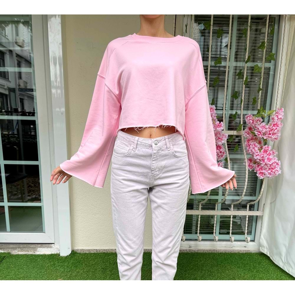 Salaş Kollu Crop Sweatshirt - Pembe - S