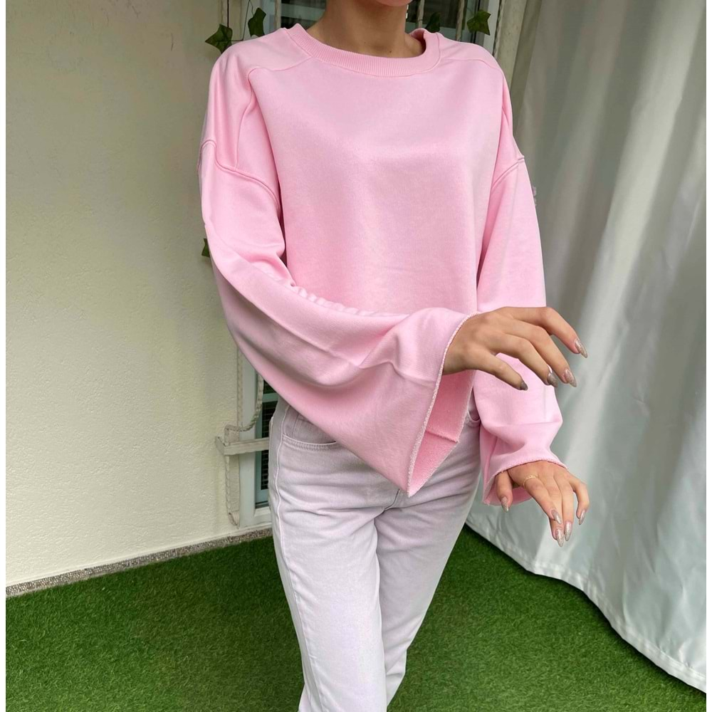 Salaş Kollu Crop Sweatshirt - Pembe - S