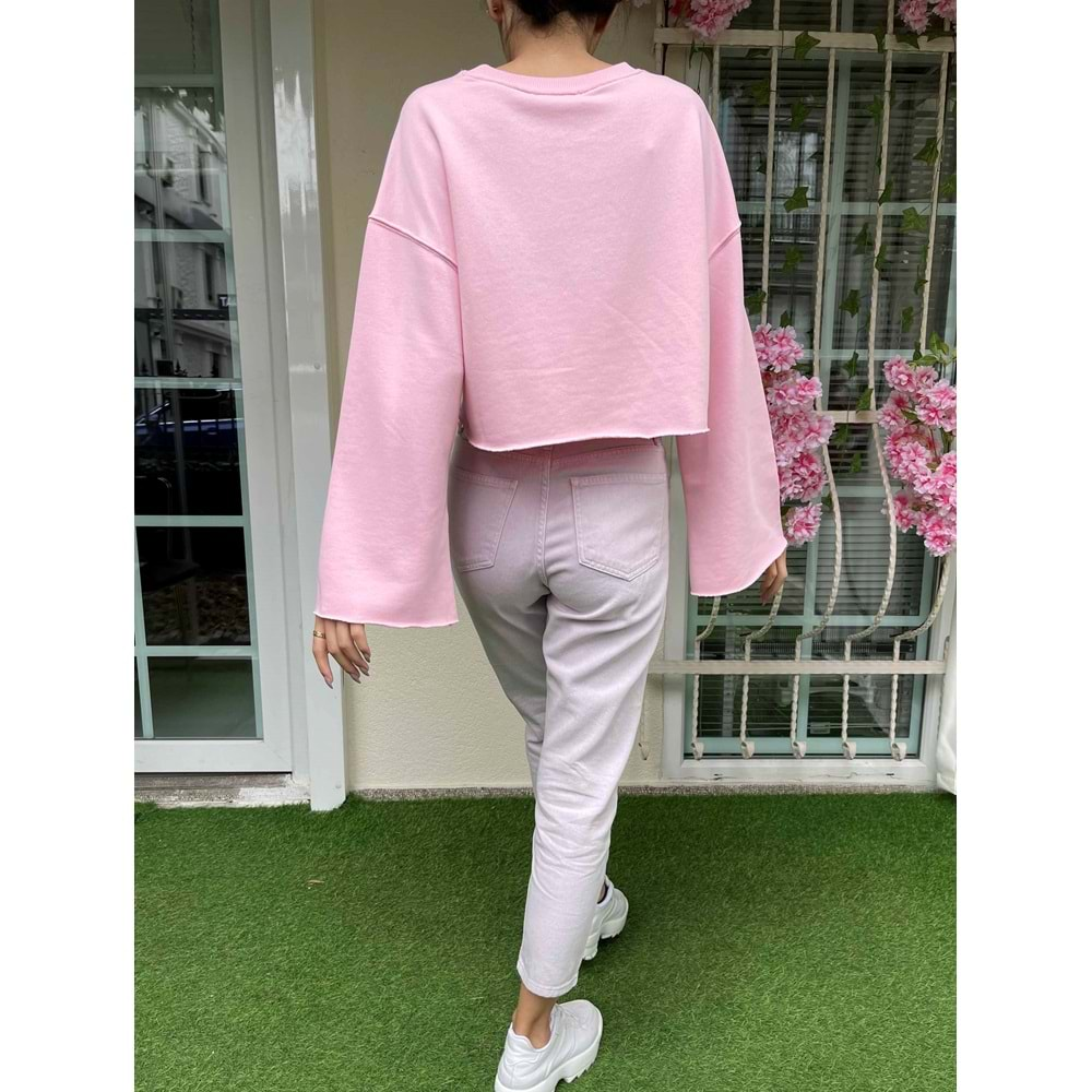 Salaş Kollu Crop Sweatshirt - Pembe - S