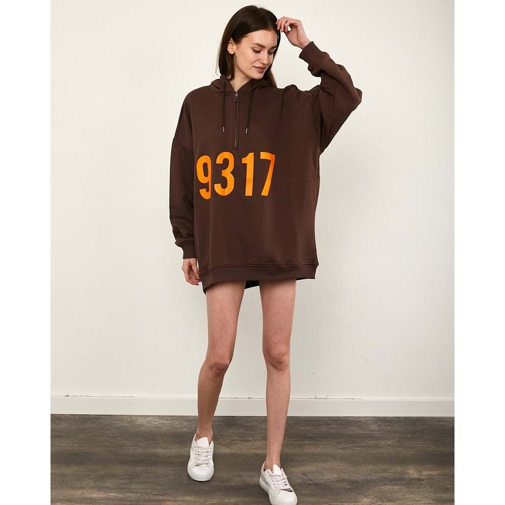 Baskılı Oversize Sweatshirt - Kahve - STD