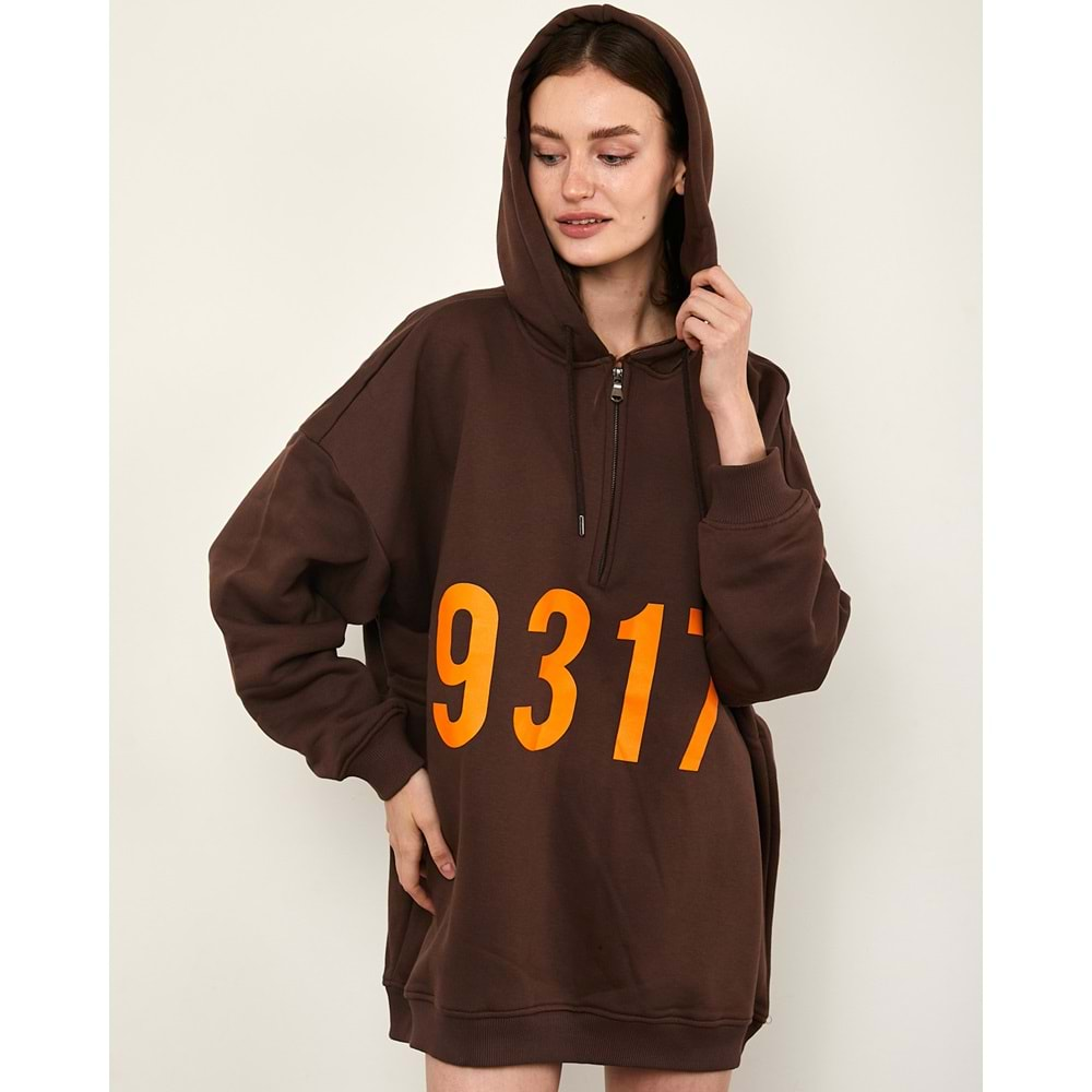 Baskılı Oversize Sweatshirt - Kahve - STD