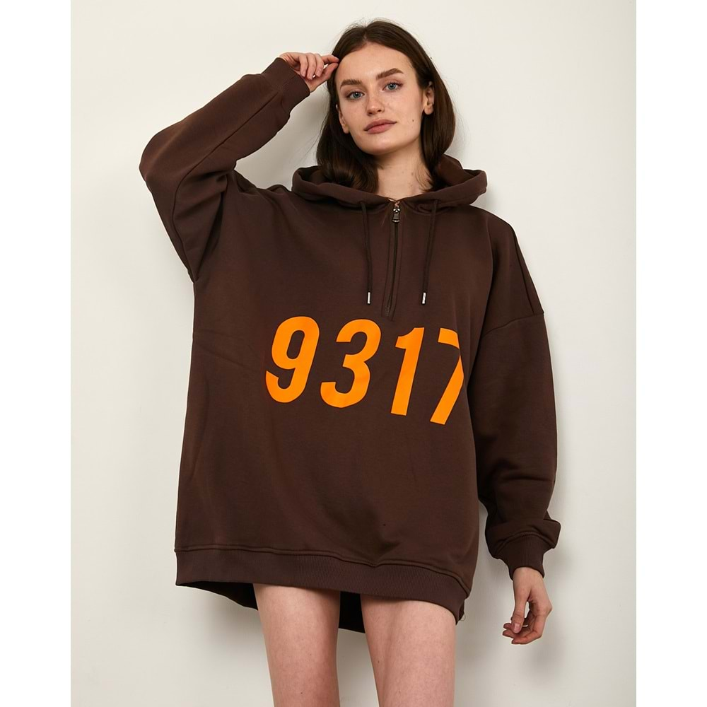 Baskılı Oversize Sweatshirt - Kahve - STD