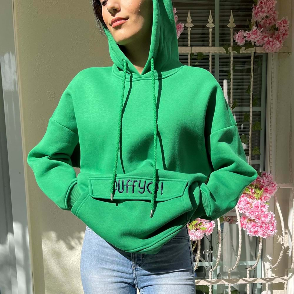 Duffyo Nakışlı Kapüşonlu Sweatshirt - Yeşil - STD