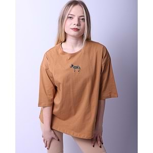 Kadın Tshirt Zebra Nakışlı - Sütlü Kahve - L