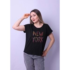 Kadın Tshirt Newyork Nakışlı - Siyah - L