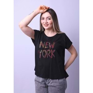 Kadın Tshirt Newyork Nakışlı - Siyah - L