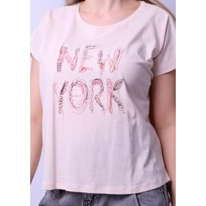 Kadın Tshirt Newyork Nakışlı - Taş Rengi - L