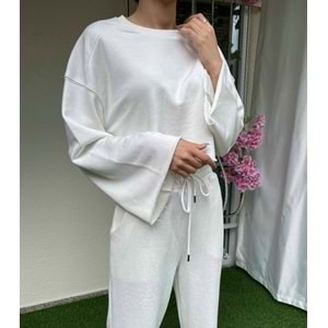 Salaş Kollu Crop Sweatshirt - Beyaz - S