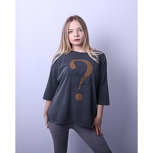 Kadın Tshirt Soru İşareti Baskı Yıkamalı - Antrasit - Std