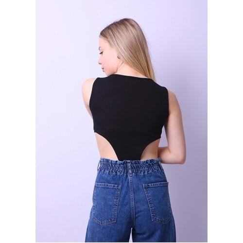 Kadın Çıt Çıtlı Body Crop - Siyah - L