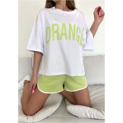 Kadın Orange Yazılı Oversize Şortlu Takım - Yeşil - STD