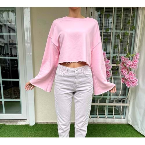 Salaş Kollu Crop Sweatshirt - Pembe - S